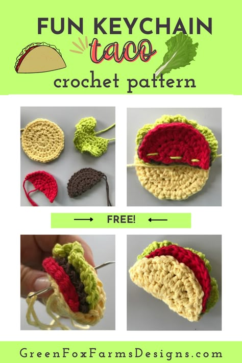 Fun crochet key chain TACO: Free Amigurumi Pattern Crochet Pop Tart Keychain, Emotional Support Taco Crochet, Taco Amigurumi Free Pattern, Crochet Burrito Free Pattern, Crochet Poptart Keychain Pattern, Crochet Taco Pattern Free, Crochet Taco Pattern, Crochet Back To School Ideas, Crochet Food Keychain