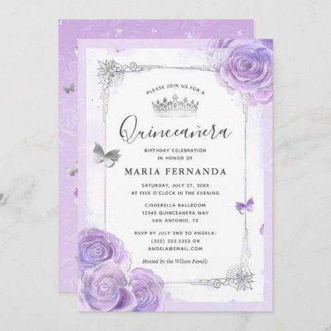 $ 3.29 | Silver Light Purple Roses Elegant Quinceanera - light purple quinceanera invitations 16, elegant watercolor lavender silver lilac, floral mexican sweet 15 quinceañera, mis quince anos princess crown, 15th birthday party flowers roses, modern tiara diamond butterfly confetti, blue ultra violet pastel butterflies, charro fairy tale weddings diamonds, vintage fairytale sparkle gown glitter, fi Purple Quinceanera Invitations, Light Purple Quinceanera, Light Purple Roses, Purple Quinceanera Theme, Lavender Quinceanera, Purple Quinceanera, Purple Quince, Purple Invitations, Quince Invitations