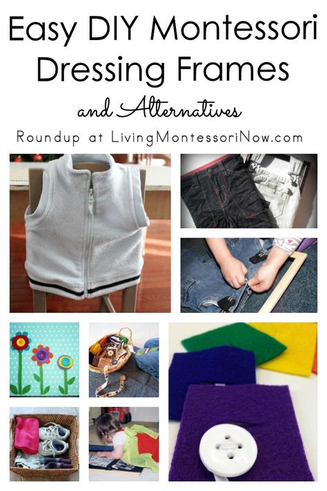 Dressing frames are important for Montessori schools, but there are easy DIY versions and alternatives that work well for homeschools and other preschools - Living Montessori Now #Montessori #homeschool #preschool #practicallife #dressingframes #DIY #buttonsnakes Diy Montessori Dressing Frames, Montessori Dressing Frames, Dressing Frames Montessori Diy, Montessori Dressing, Diy Montessori Activities, Montessori Work, Montessori Home, Practical Life Activities, Diy Preschool