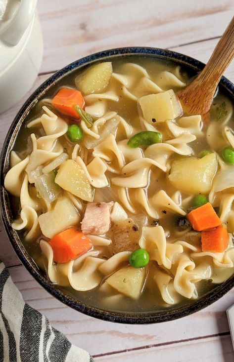 Hearty Chicken Noodle Soup with Potatoes - The Herbeevore Chicken Noodle Soup With Potatoes, Chicken Soup With Potatoes, Hearty Chicken Noodle Soup, Gluten Free Chicken Noodle Soup, Chicken Noodle Soup Can, Soup With Potatoes, Chicken Potato Soup, Panini Recipes Chicken, Chicken Tikka Masala Recipes