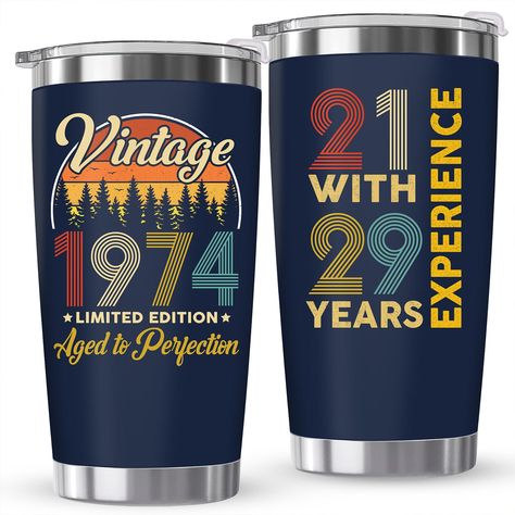 PRICES MAY VARY. 50TH BIRTHDAY GIFTS FOR HIM, HER - Celebrate a half-century of memories and milestones with the "Vintage 1974" tumbler. It's not just a cup; it's a symbol of a life well-lived, a perfect reminder of their remarkable journey. It's more than just a cup; it's a cherished memory, a nod to the past, and a vessel for toasting to the future. Ideal as cool 50th birthday gag gifts, or a keepsake for him, her, men, women, dad, brother, son, friend, husband, guys. Best 50th birthday gift f Mens 50th Birthday Gifts, 50th Birthday Gag Gifts, 50th Birthday Gifts For Men, Birthday Gifts For Him, 50th Birthday Gifts For Woman, 50th Birthday Decorations, 50th Birthday Funny, 40th Birthday Decorations, Happy 40th Birthday