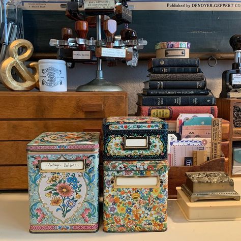 Nancy on Instagram: “I am sure that I am not the only one who has challenges when it comes to storage for our supplies. I had these three vintage Tea tins in a…” Tea Tin Crafts, Tin Storage Ideas, Tea Tins Repurposed, Ephemera Storage, Tin Ideas, Office Redo, Studio Storage, Vintage Tea Tins, Not The Only One