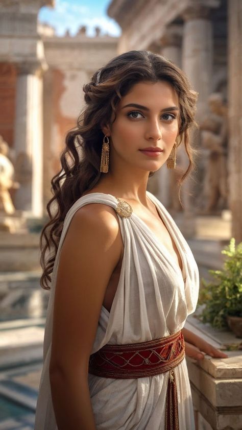 Roman Woman Hairstyles, Ancient Roman Character Design, Roman Female Clothing, Greek Model Female, Roman Woman Art, Roman Goddess Aesthetic, Female Zeus, Greek Princess Aesthetic, Greek Woman Aesthetic