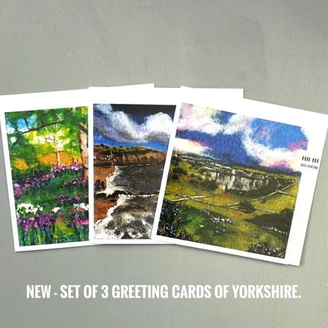 NEW - A SET OF 3 YORKSHIRE SCENES FELT ART GREETING CARDS These greeting cards depict scenes of beautiful Yorkshire. Professionally scanned and printed from the original felt art landscapes. The original felt art was wet felted, needle felted with hand sewn embroidery embellishments. All this detail has been captured on the cards. • ‘Thistles At Malham Cove’, Yorkshire • ‘Paddling’ Robin Hoods Bay, Yorkshire • ‘Carpet Of Bluebells’ Nostel Priory, Yorkshire They would make perfect thoughtfu... Felt Landscapes, Robin Hoods, Robin Hoods Bay, Embroidery Embellishments, Art Landscapes, Wet Felt, Wool Art, Fibre Art, Felt Material