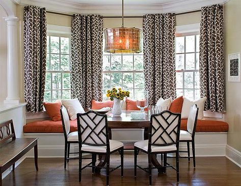 I love these chairs... Dark wood with the white upholstery showing in the back. So pretty! Bay Window, Room Table, The Window, Nook, Bench