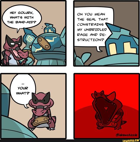 This is adorable :) Golurk Pokemon, Fan Ideas, Pikachu Funny, Rare Pokemon Cards, Funny Gaming Memes, Pokemon Fanart, Pokémon Art, Otaku Meme, Funny Comic Strips