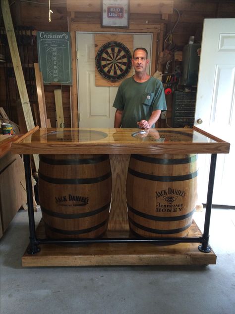 Whiskey Barrel Bar Ideas, Barrel Bar Ideas, Man Cave Bar Diy, Wine Barrel Art, Whiskey Barrel Bar, Wine Room Design, Barrel Art, Whiskey Barrel Table, Wine Barrel Crafts