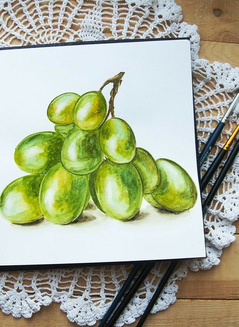 Grape Illustration, Watercolour Fruit, Berry Watercolor, Grape Drawing, Elementary Drawing, Cupcake Painting, Watercolor Fruits, Watercolor Food Illustration, Desserts Drawing