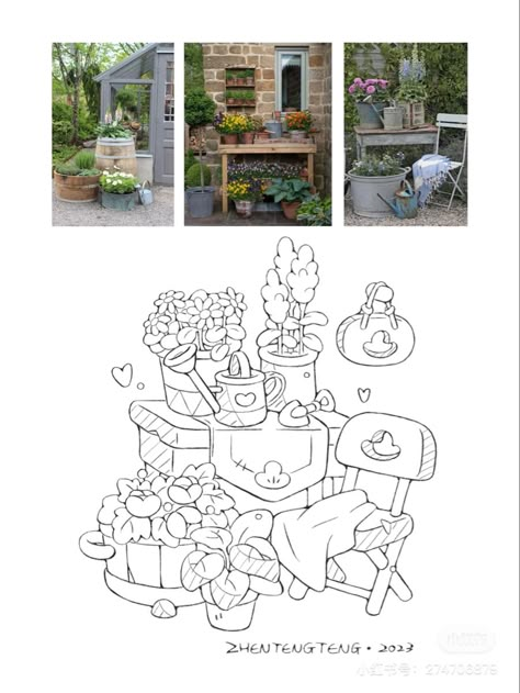 Decorative Patterns Drawing, Cute Garden Drawing, Spring Drawings Ideas, Cute Scenery Drawing, Garden Ideas Drawing, Flower Shop Drawing, Garden Drawing Ideas, Garden Design Drawing, Tutorial Sobre Arte Digital