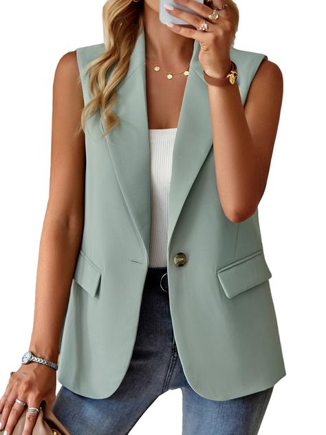 PRICES MAY VARY. Soft Fabric:Womens open front blazer vest are made of soft polyester,breathable and skin-friendly. Fit Spring, Autumn or Fall, Winter. Features:Single breasted front,sleeveless,lapel collar,two side pockets,solid color,casual vest blazer,cardigan vest for women. Pair with:Versatile style from business to casual, perfect with skinny jeans,shorts, skirts, leggings, pants, sandals, heels, boots and necklace. Occasion:These sleeveless blazer vest is suitable for casual street look, Casual Office Wear, Sleeveless Blazer, Sleeveless Suit, Straight Clothes, Suit Jackets For Women, Blazer Jackets For Women, Stylish Suit, Gilet Costume, Sleeves Style