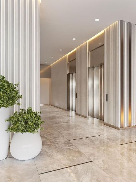 Lift Lobby Design, Elevator Lobby Design, Lobby Designs, Residential Lobby, Lift Lobby, Lobby Ideas, Elevator Interior, Building Lobby, Hotel Corridor