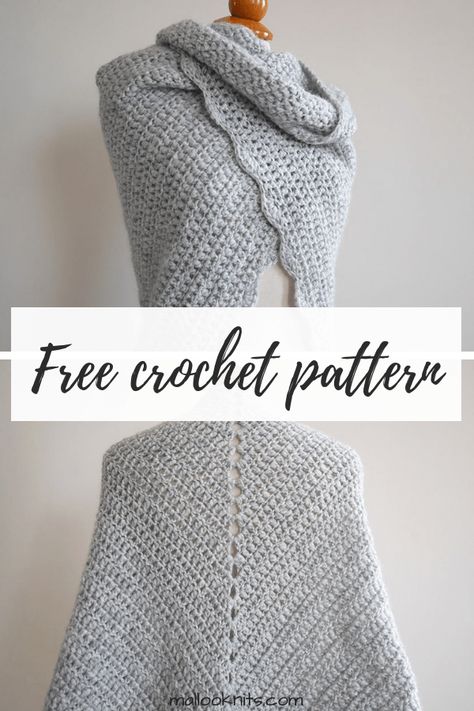 Beginner triangle shawl free crochet pattern - mallooknits.com Easy Crochet Shawl Pattern, Easy Crochet Shawl, Crochet Triangle Shawl Pattern, One Skein Crochet, Crochet Shawl Free, Crocheted Shawl, Crochet Shawl Pattern, Diy Tank, Crochet Wrap Pattern