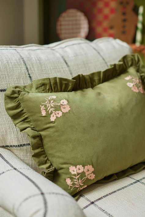 Corduroy Cushion, Feather Pillow, Green Bar, Hand Embroidered Flowers, Feather Pillows, Sewing Pillows, Country Store, Sewing Dolls, Mother And Father