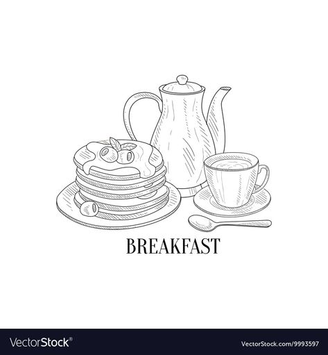 Breakfast With Pancakes, Breakfast Sketch, Breakfast Drawing, Breakfast Illustration, Plate Drawing, Cool Easy Drawings, Mini Toile, Mother Days, Basket Drawing