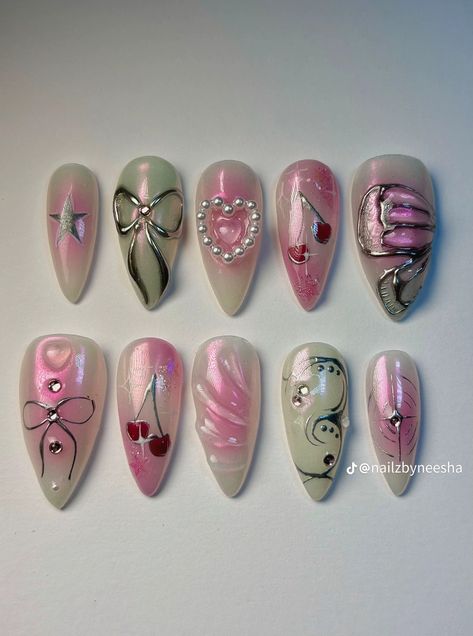 @nailzbyneesha Belle Nails, Vampire Nails, Pink Press On Nails, Cute Pink Nails, Custom Press On Nails, Punk Nails, Cherry Nails, Nail Art Designs Videos, Soft Nails