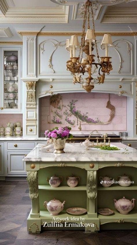 Rococo Kitchen, French Provincial Interior Design, French Kitchens, Glazed Kitchen Cabinets, Heather Hills, Pink Travel, Exquisite Decor, Dream Kitchens Design, Kitchen Range Hood