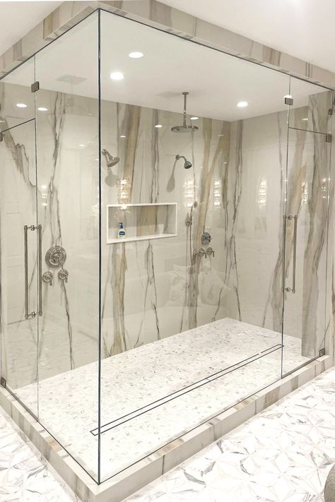 Custom Chrome Shower Enclosure Steam Shower Enclosure, Shower Door Designs, Big Shower, Cottagecore Kitchen, Shower Door Handles, Glass Shower Enclosures, Master Shower, Luxurious Showers, Shower Enclosures