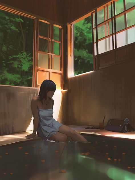 Atey Ghailan, Lighting Mood, Environment Concept Art, Anime Scenery, Hot Springs, Animation Art, Japanese Art, Aesthetic Art, Cartoon Art