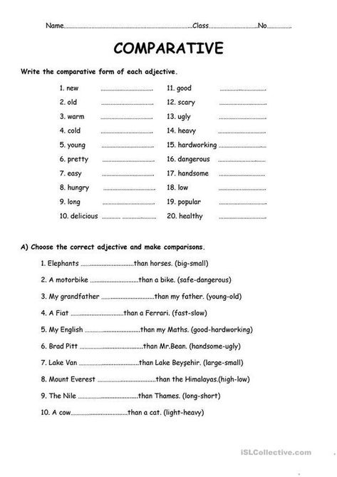 Here's a fun worksheet to practice adjectives and comparatives in English. Comparative Adjectives Worksheets, Comparatives Worksheet, Degree Of Comparison, Long Adjectives, Comparative Adjectives Worksheet, Adjectives Grammar, Adjectives Worksheet, Positive Adjectives, Kids Worksheet