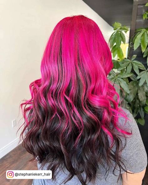 Pink On Top Black On Bottom Hair, Pink Hair With Black Underneath, Pink Hair Black Tips, Pink Hair With Black, Pink Underneath Hair, Witchy Hair, Pink And Black Hair, Underneath Hair, Hot Pink Hair