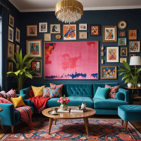 Fuschia Living Room Decor, Bold Eclectic Decor, Bold Eclectic Living Room, Deep Teal Couch, Colorful Living Room Blue Couch, Navy Couch Living Room Color Schemes, Living Room Designs Blue Couch, Colorful Minimalist Living Room, Colorful Interiors Living Room