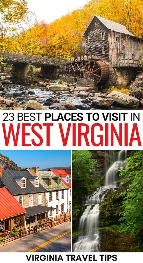 Looking for the best places to visit in West Virginia for your trip? We have you covered - from nature to cities, put these places on your West VA bucket list! | West Virginia destinations | Things to do in West Virginia | WV bucket list | West Virginia bucket list | West Virginia itinerary | West Virginia destinations | Destinations in West Virginia | Places in West Virginia | Cities in West Virginia | Towns in West Virginia | State Parks in West Virginia | National parks in West Virginia Places To Visit In Virginia, West Virginia Waterfalls, Towns In West Virginia, Virginia Waterfalls, West Virginia Vacation, West Va, West Virginia Travel, Virginia Fall, Virginia Map