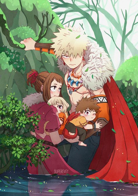 🌞Superevey🌜 on Twitter: "So i had the authorization to post my participation to the @kchkfantasyzine ! PDF purchases are still available. Here is a little family trying to move throught the wild forest :3 #kacchako #zine… https://t.co/JE3OlpQpqa" Bakugou And Uraraka, Kids Hero, Bakugou Manga, Boku No Hero Academia Funny, Anime Family, Anime Baby, Anime Love Couple, Anime Crossover, My Hero Academia Episodes