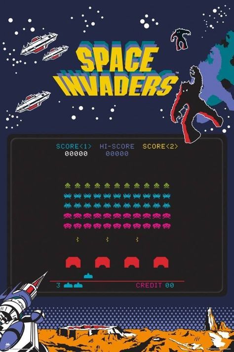 Space Invaders Arcade, Retro Games Poster, Arcade Retro, Video Game Print, 80s Video Games, Retro Arcade Games, Arcade Video Games, Video Game Posters, Gaming Posters