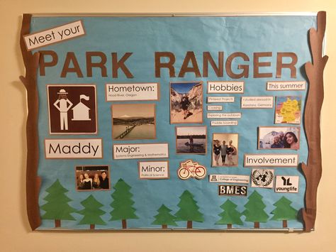 Resident Assistant Bulletin Board (Meet your RA) National Park Theme (outdoors, RA, forest) Outdoors Theme Classroom, Mountain Theme Bulletin Board Ideas, National Parks Themed Classroom, National Park Classroom Decor, Camp Bulletin Board, Outdoorsy Classroom Theme, Outdoor Themed Classroom, National Parks Decor Ideas, National Parks Bulletin Board