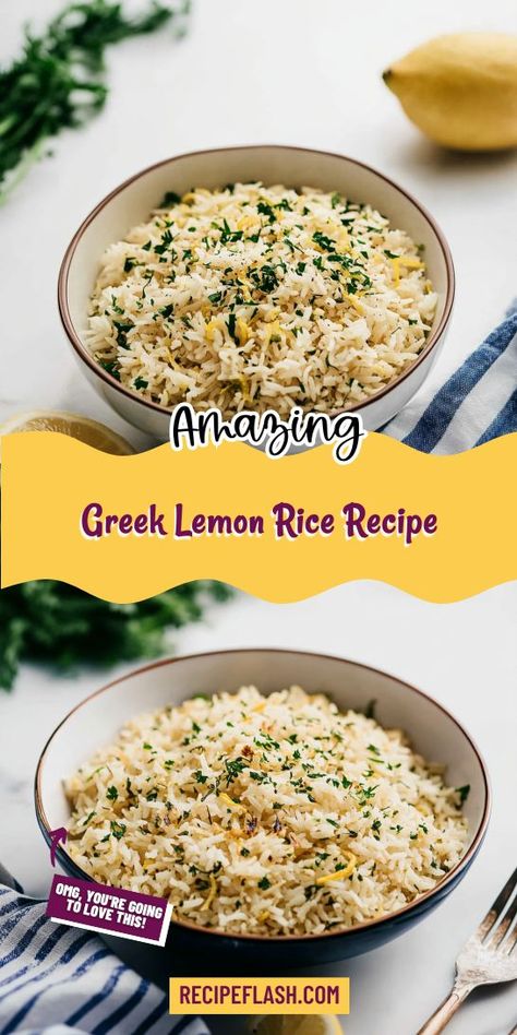 Want to brighten up your dinner table with a tasty Mediterranean side? This Greek Lemon Rice Recipe combines citrusy goodness with fluffy rice for a dish that’s sure to please. Be sure to save it for later and make your next Mediterranean dinner unforgettable! Rice With Lemon, Lemon Rice Recipe, Greek Rice, Greek Lemon Rice, Mediterranean Dinner, Feta Chicken, Lemon Rice, Basmati Rice, Rice Recipe