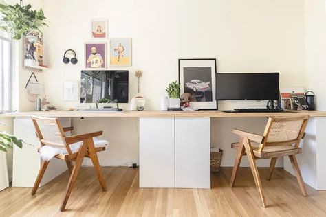 Bureau Hack Ikea, Diy Desk For Two, Desk For Two, Desk Hacks, Ikea Desk Hack, Double Desk, Hack Ikea, Dream Desk, Long Desk