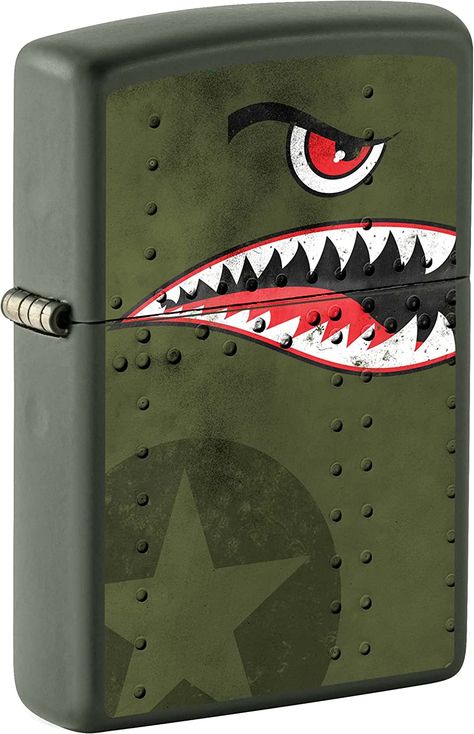 Zippo Lighter, Fighter Plane Nose Art, Shark Teeth - Green Matte 80976 Zippo Art, Custom Lighters, Cool Lighters, Lighter Fluid, Windproof Lighter, Kinetic Art, Light My Fire, Zippo Lighter, Nose Art