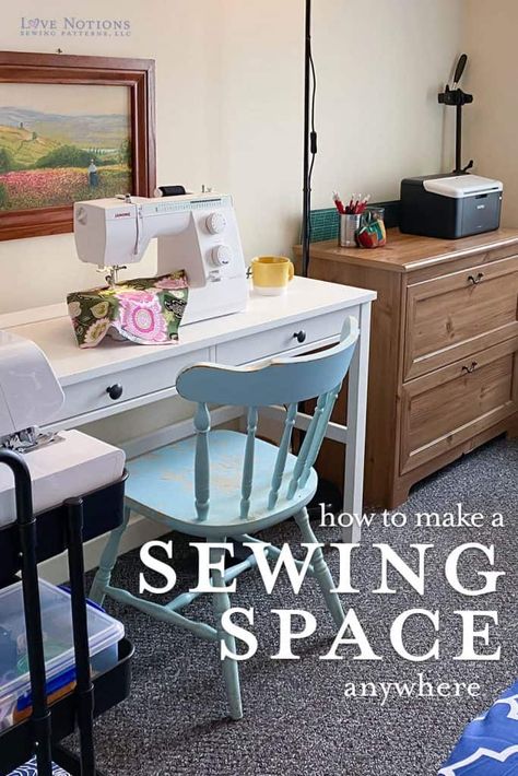 Narrow Sewing Table, How To Set Up A Sewing Room, Craft Desk Small Space, Tiny House Sewing Space, Tiny Sewing Room Ideas, Small Sewing Room Design Layout, Small Sewing Desk, Sewing And Office Room Ideas, Small Sewing Studio Ideas