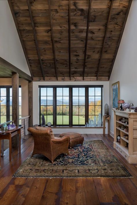 We loved crafting this Distressed White Oak flooring for a custom farmhouse in Charlotte, VT. With Hit-or-Miss saw marks and a Cavendish butterscotch-brown finish, it adds aged-in-place charm to this beautiful new home. Designed by Selin + Selin Architects, known for sustainable and inspiring spaces.  Architecture by Selin + Selin Architecture Construction by @smithmcclainvt 📸 @indsayselinphotography Wood Floor And Ceiling, Cedar Flooring, Wide Plank White Oak Floors, Spaces Architecture, White Oak Flooring, Custom Farmhouse, White Oak Hardwood Floors, Quarter Sawn White Oak, Oak Hardwood Flooring