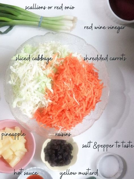 Jamaican Salad Ingredients Jamaican Salad, Jamaican Cabbage, Salad Coleslaw, Cabbage Salad, Shredded Carrot, Dinner Is Served, Red Wine Vinegar, Salad Ingredients, Coleslaw