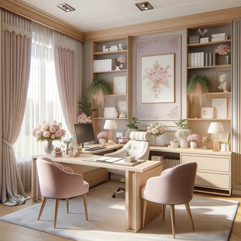 Neutral Pink Office, Pink Study Table, Colorful Office Ideas, Small Office Ideas Business Work Spaces, Dream Office Luxury, Modern Chic Office, Home Office Space Ideas, Female Home Office, Feminine Home Office Classy