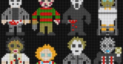 Lair of the Dork Horde: Lite Brite Brutes - Horror Movie Heavy Hitters! Crazy Perler Bead Patterns, Horror Bead Pattern, Perler Characters, Horror Crafts, Bead Templates, Modele Pixel Art, Lite Brite, Halloween Cross Stitch Patterns, Perler Bead Templates