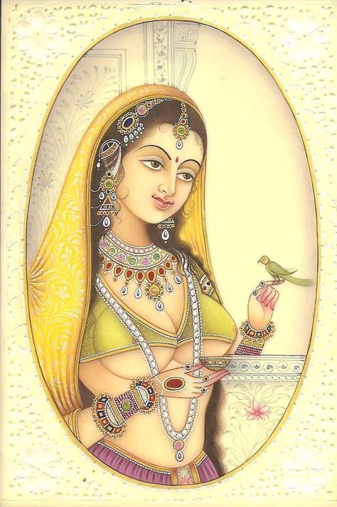 Painting Rajasthani, Mughal Princess, Ancient Indian Paintings, Rajasthani Miniature Paintings, Exotic Paintings, Rajasthani Painting, Indian Traditional Paintings, Indian Miniature, Mughal Art Paintings