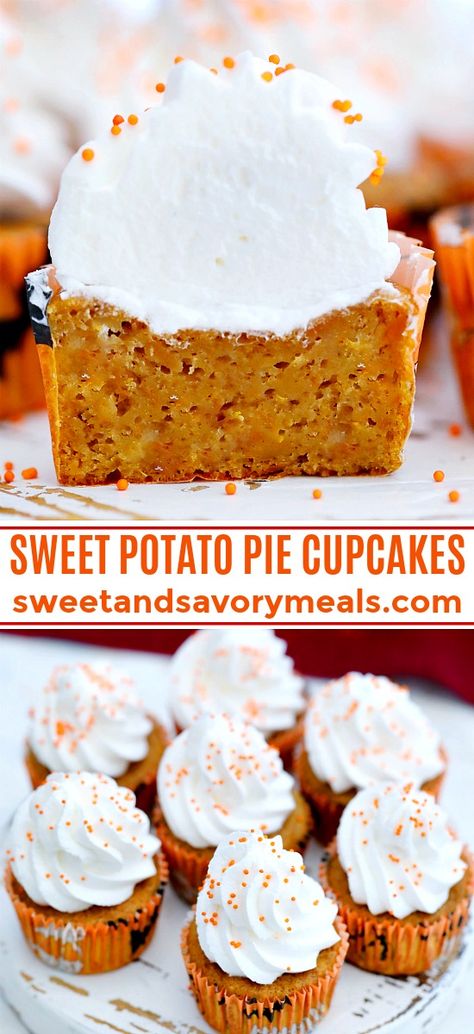 Sweet Potato Pie Cupcakes are the perfect seasonal dessert for fall parties and Thanksgiving! The cupcakes are moist and full of fall flavors and spices! #sweetpotatoes #cupcakes #sweetpotatopie #thanksgiving #sweetandsavorymeals Thanksgiving Desserts Pie, Dessert For Fall, Sweet Potato Cupcakes, Thanksgiving Desserts Kids, Thanksgiving Cupcakes, Sweet Potato Pies Recipes, Fall Parties, Pie Cupcakes, Fall Cupcakes