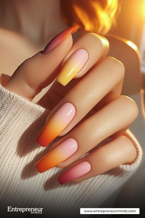 Sunset inspired beach ombre nails Orange Peach Nails Design, Long Nails Summer Design, Sunset Nail Art Ombre, Ombre Nails Colors Combinations, Golden Hour Nails, Sunset Ombre Nails, Sunrise Nails, Honeymoon Nails, Orange Summer Nails