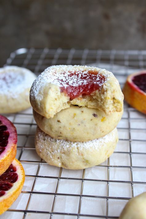 #bloodorange #cookies #thumbprintcookies #bake #baker #baking #easyrecipe Orange Thumbprint Cookies, Blood Orange Curd, Texas Cookies, Roasted Pistachios, Orange Curd, Caramel Pears, Curd Filling, Orange Jam, Bite Size Cookies