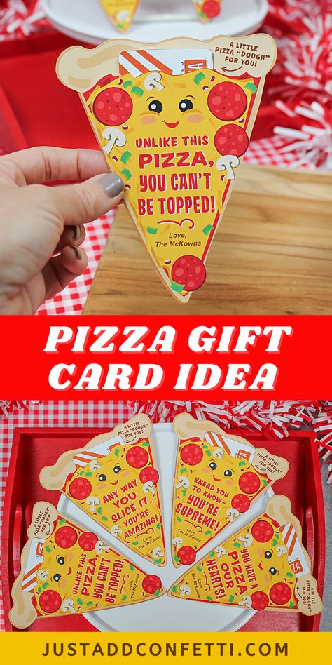 You have a PIZZA our hearts! Bring on the pizza puns! I think these pizza gift card holders are so fun! They come in 4 wording options, each designed to be paired with a gift card to your favorite pizza shop. Perfect for teacher gifts, administrative professionals day gifts, employee appreciation gifts, or even a gift for a coach or team leader! Check out my whole collection of teacher and staff gift printables in my Just Add Confetti Etsy shop. Head to justaddconfetti.com for more ideas! Pizza Teacher Appreciation, Pizza Theme Gift Basket, Gift Card Appreciation Ideas, Pizza Gift Ideas, Pizza Gift Card Ideas, Teacher Appreciation Puns, Pizza Gift Basket Ideas, Preschool Teacher Appreciation Gifts, Pizza Gift Basket