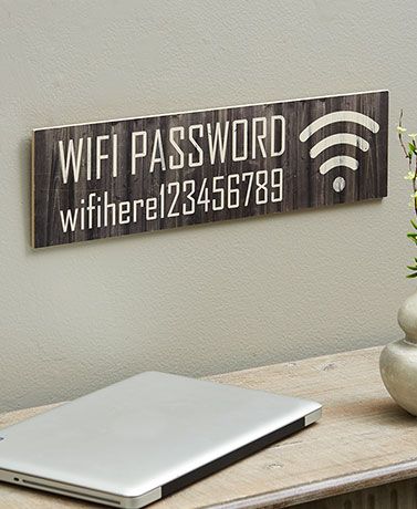 Save time hunting for your password with the Customized Wifi Password Wall Sign.Whether displayed in a guest room, living room or den, your guests will appreciate this thoughtful decor. Has a 25-character maximum. Upper and lower case for all. Sorry, mail/fax orders not accepted on personalized items; please order via web or phone agent. This item cannot be shipped to P.O. boxes and APO/FPO addresses.  Detailed Product Specifications Made from: MDF Measurements: 20"W x 5-1/2"L. Wi Fi Password Sign, Wifi Password Sign, Router Wifi, Airbnb House, Wifi Sign, Wifi Password, Lg G4, Wood Burning Crafts, Lakeside Collection