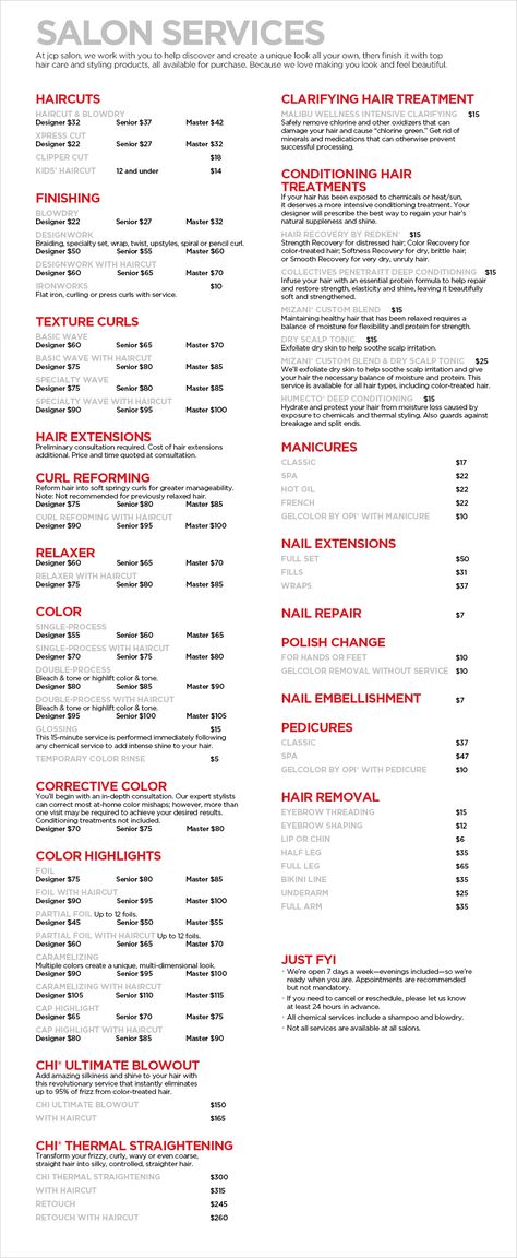 jcp Salon Services - Haircuts, Manicures, Pedicures, & Corrective Coloring - JCPenney Hair Salon Weekly Specials, Salon Services Ideas, Salon Commission Scale, Salon Pricing Menu Ideas, Hair Salon Service Menu Ideas, Hairstylist Service List, Beauty Services List, Hair Services Price List, Hair Salon Price List Ideas