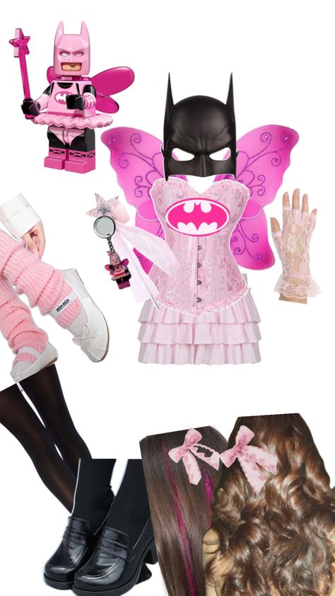 Pink Batman Costume, Pink Batman Halloween Costume, Pink And Black Halloween Costume, Lego Fairy Batman Costume, Pink Halloween Outfit, Recognizable Halloween Costumes, Pink Fairy Batman Costume, Barbie Halloween Costume Ideas, Pink Lego Batman Costume