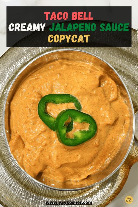 This kosher copycat recipe for Taco Bell Creamy Jalapeno Sauce is a dream come true. It is creamy, satisfying and mildly spicy. Make this recipe right at home and don't miss out on a thing. Our recipe for Taco Bell Creamy Jalapeño Sauce (Copycat) is kosher, gluten free, and dairy. Taco Bell Creamy Jalapeno Sauce, Creamy Jalapeno Sauce, Savory Butternut Squash, Pickled Jalapeno Peppers, Taco Bell Recipes, Kosher Diet, Creamy Jalapeno, Dairy Recipes, Jalapeno Sauce