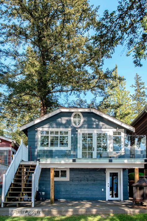 A dreamy white shiplapped cottage tour at Cultus Lake, BC Small Lake House Interior, Lake Cottage Interiors, Lake Cottage Exterior, Lakehouse Aesthetic, Small Lake Cottage Interiors, Lake Bungalow, Small Lake Cottage, Rustic Cottage Interiors, Funky Interior Design