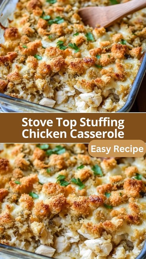 This Stove Top stuffing chicken casserole is the ultimate comfort food, combining tender rotisserie chicken, a creamy soup layer, sautéed veggies, and a crunchy stuffing topping. Perfect for a quick weeknight meal or a cozy Stove Top Stuffing Chicken Casserole, Stove Top Stuffing Recipes Chicken, Stove Top Chicken Casserole, Stuffing Mix Recipes, Crunchy Stuffing, Stuffing Chicken, Leftover Chicken Recipes Easy, Stove Top Stuffing Recipes, Rotisserie Chicken Recipes Leftover