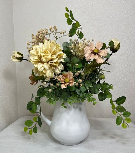 Pitcher Centerpiece, Garden Dahlia, Garden Cosmos, Artificial Garden, Large Flower Arrangements, Mums Flowers, Fall Flower Arrangements, Milk Pitcher, Fall Flower