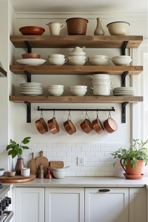 Farmhouse kitchen with creative open shelving and display solutions Cozy Farmhouse Kitchen, Farmhouse Kitchen Storage, Apron Sinks, Farmhouse Kitchen Decor Ideas, Jar Display, Antique Accessories, Shelving Ideas, Rustic Home Design, Farmhouse Sink Kitchen